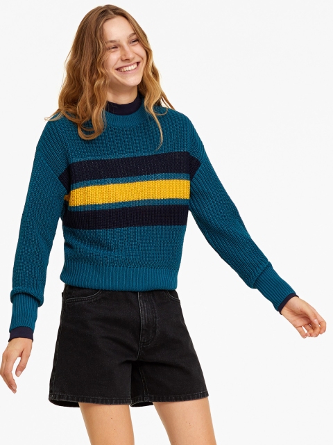 

OVS Women Teal Blue & Yellow Striped Pullover