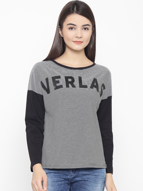 

OVS Women Black Striped Round Neck T-shirt with Printed Detail