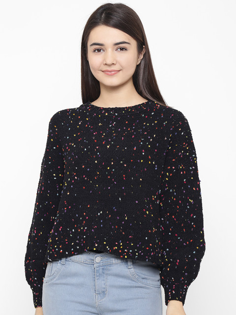 

OVS Women Black & Multicoloured Self Design Pullover
