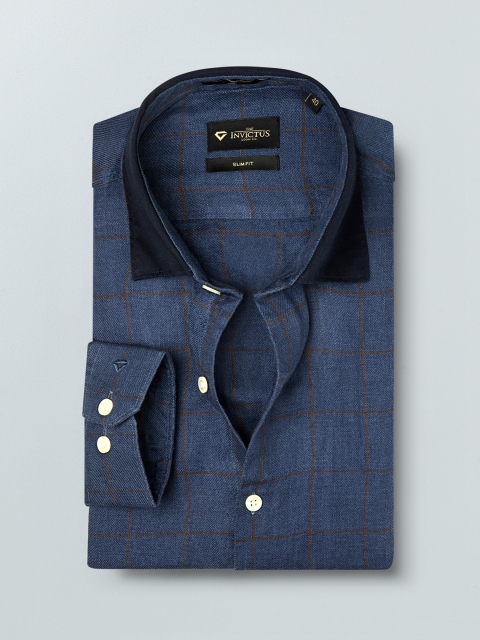 

INVICTUS Men Navy Blue & Brown Slim Fit Checked Smart Pure Linen Casual Shirt