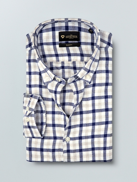 

INVICTUS Men Beige & Navy Blue Slim Fit Checked Semiformal Pure Linen Shirt