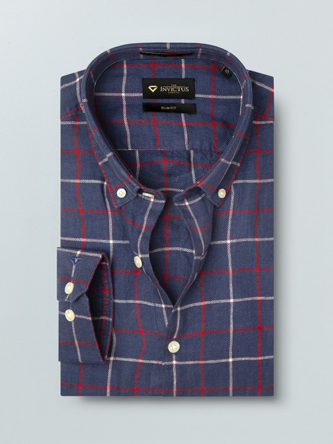 

INVICTUS Men Blue & Red Slim Fit Checked Pure Linen Casual Shirt