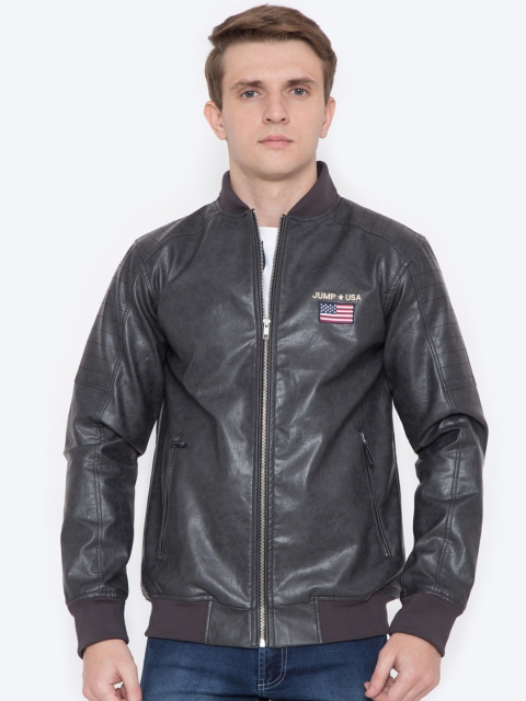 

JUMP USA Men Charcoal Solid Lightweight Leather Jacket