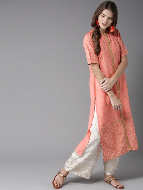 

HERE&NOW Women Peach-Coloured & Golden Printed Straight Kurta