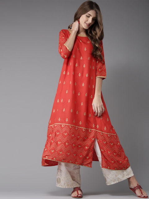 

HERE&NOW Women Red & Golden Printed A-Line Kurta
