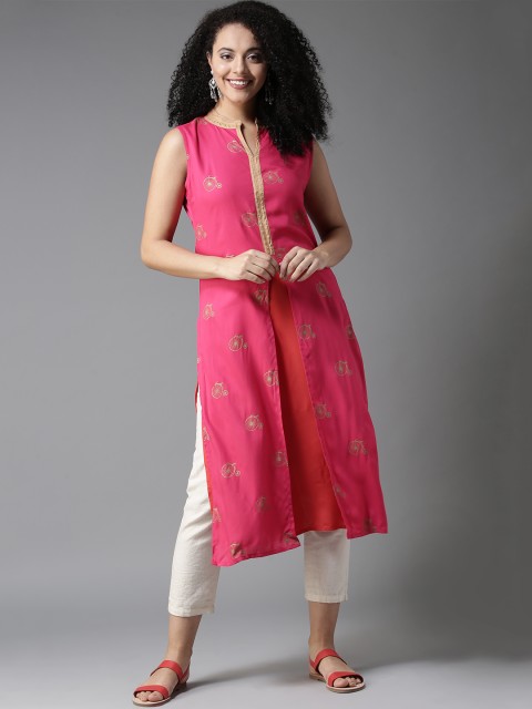

HERE&NOW Women Pink & Golden Cycle Printed Layered Straight Kurta