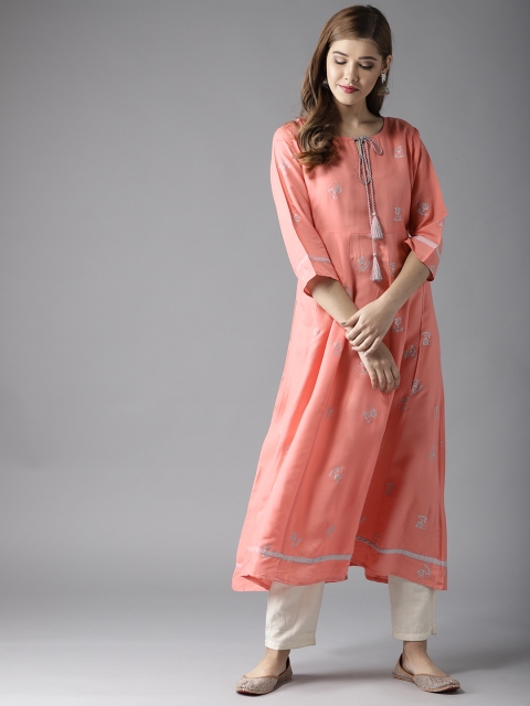 

HERE&NOW Women Peach-Coloured & Silver Printed A-Line Kurta