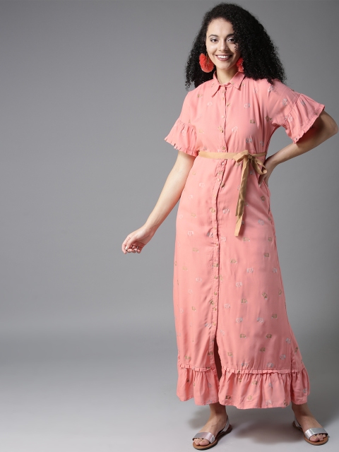 

HERE&NOW Women Peach-Coloured Printed Maxi Shirt Dress