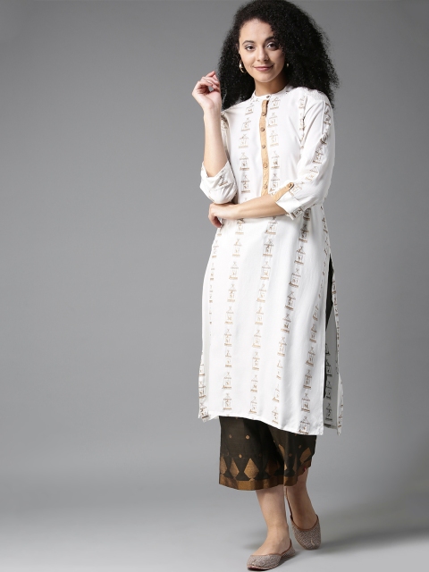 

HERE&NOW Women White & Golden Printed Straight Kurta