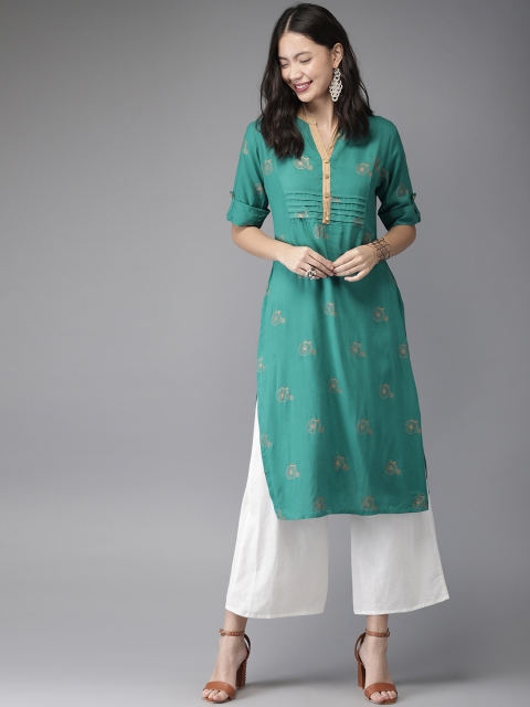 

HERE&NOW Women Teal Green & Gold-Coloured Quirky Print Straight Kurta