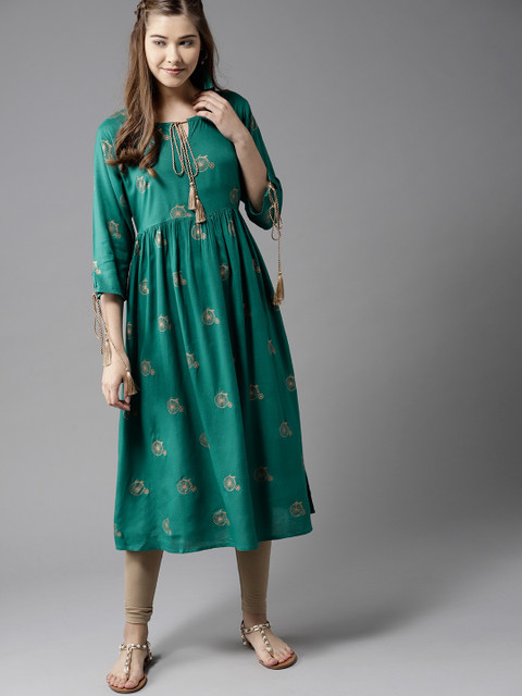 

HERE&NOW Women Green & Golden Quirky Printed A-Line Kurta