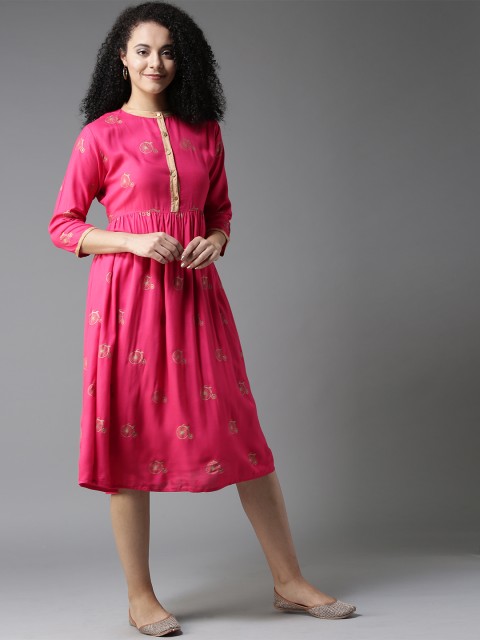 

HERE&NOW Women Pink Quirky Printed A-Line Dress
