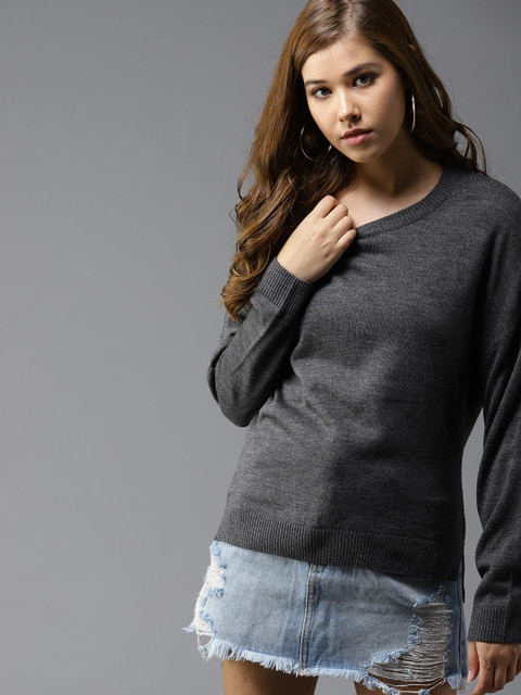 

HERE&NOW Women Charcoal Grey Solid Pullover