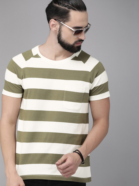 

Roadster Men Off-White & Olive Green Striped Round Neck T-shirt