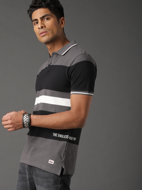 

Roadster Men Grey & Black Striped Polo Collar T-shirt