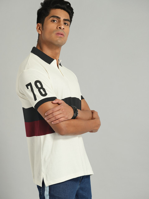

Roadster Men White & Black Striped Polo Collar T-shirt