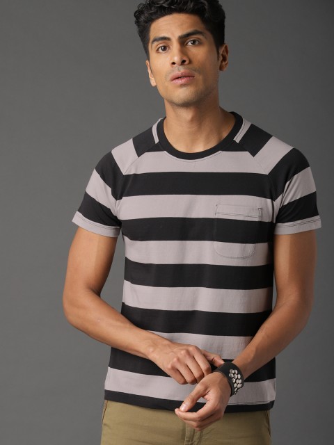

Roadster Men Black & Grey Striped Round Neck T-shirt