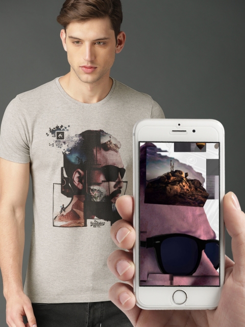 

Roadster Men Grey Melange Augmented Reality Print Pure Cotton T-shirt