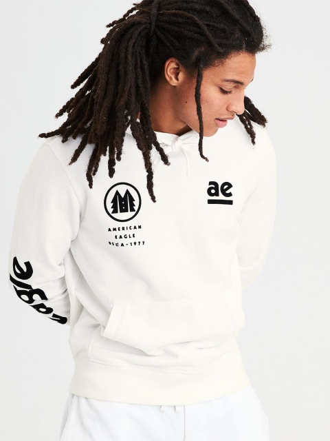 

AMERICAN EAGLE OUTFITTERS Men White Solid Hooded Sweatshirt