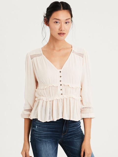 

AMERICAN EAGLE OUTFITTERS Women Beige Solid Peplum Top