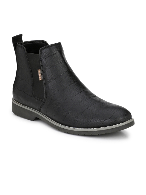 

Fentacia Men Black Textured Mid-Top Flat Boots