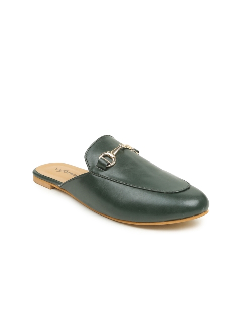 

VALIOSAA Women Green Solid Synthetic Mules