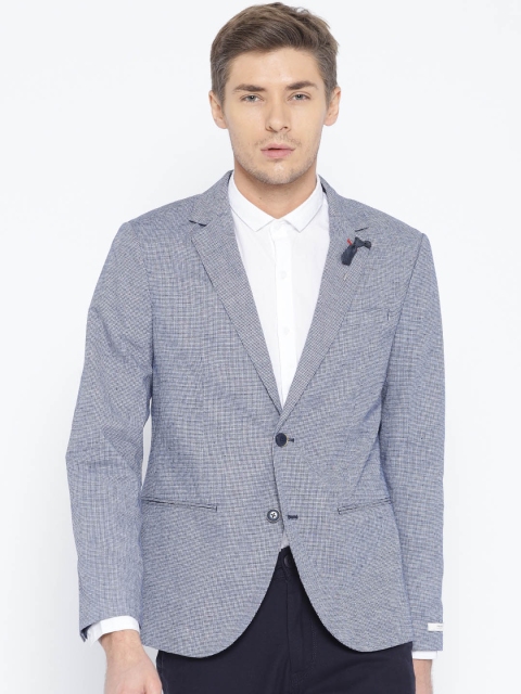 

Jack & Jones Men Blue Self-Checked Slim Fit Single-Breasted Smart Casual Blazer