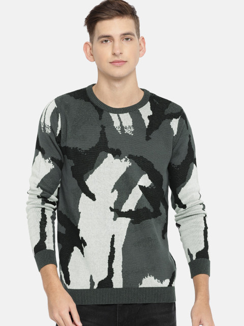 

Jack & Jones Men Grey & Off-White Printed Pullover