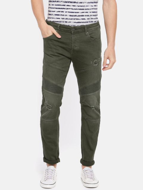 

Jack & Jones Men Olive Green Slim Fit Low-Rise Low Distress Stretchable Jeans
