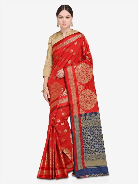 

Saree mall Women Red Silk Blend Woven Design Kanjeevaram Saree