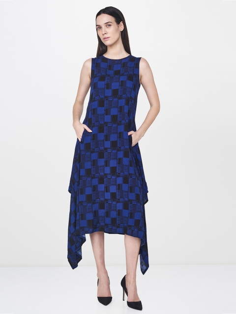 

AND Women Blue & Black Printed A-Line Dress