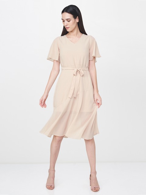 

AND Women Beige Solid Semi Sheer Fit & Flare Dress