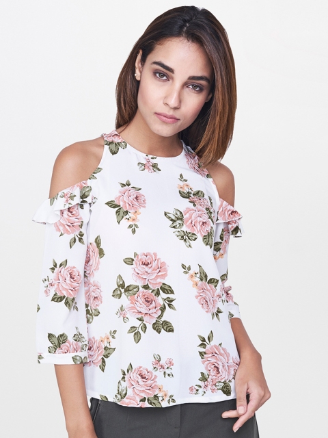 

AND Women White & Pink Printed Cold-Shoulder Top