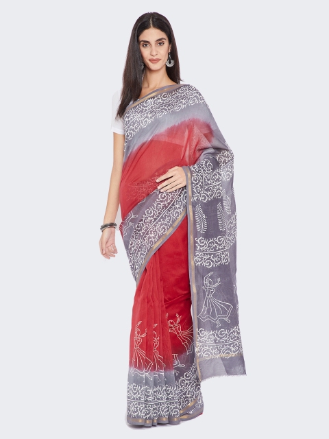 

Kalakari India Red & Grey Silk Cotton Printed Chanderi Handloom Saree