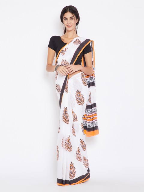 

Kalakari India White & Orange Mughal Hand Block Print Handcrafted Cotton Saree