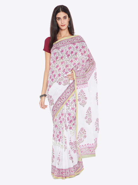 

Kalakari India White & Pink Mughal Hand Block Print Handcrafted Cotton Sustainable Saree
