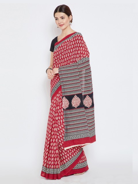 

Kalakari India Red & White Pure Cotton Printed Bagh Saree