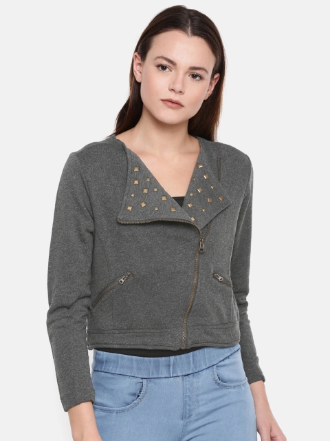 

People Women Grey Solid Cropped Biker Jacket