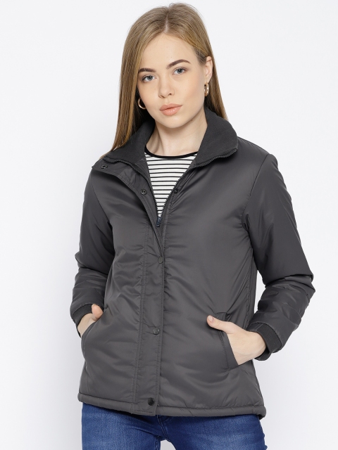 

People Women Charcoal Grey Solid Hooded Parka Jacket