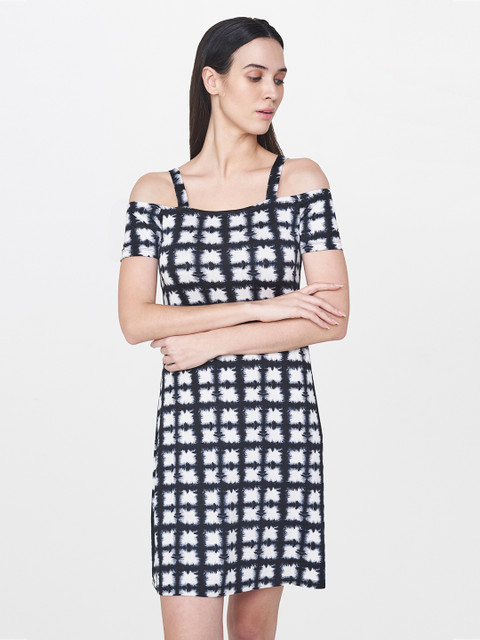 

AND Women Black & White Checked Cold-Shoulder A-Line Dress