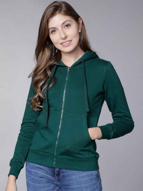 

Tokyo Talkies Women Green Solid Hooded Sweatshirt