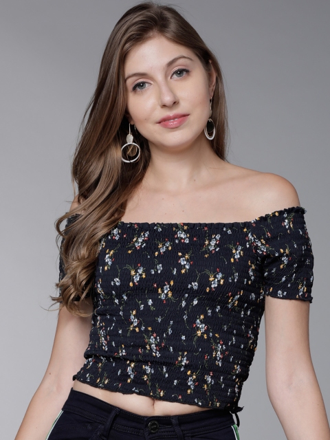

Tokyo Talkies Women Navy Blue Printed Bardot Crop Top