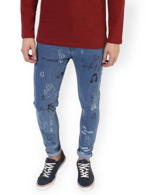 

REALM Men Blue Skinny Fit Mid-Rise Clean Look Printed Stretchable Jeans