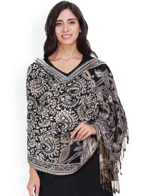 

Anekaant Women Black & Beige Floral Woven Design Shawl