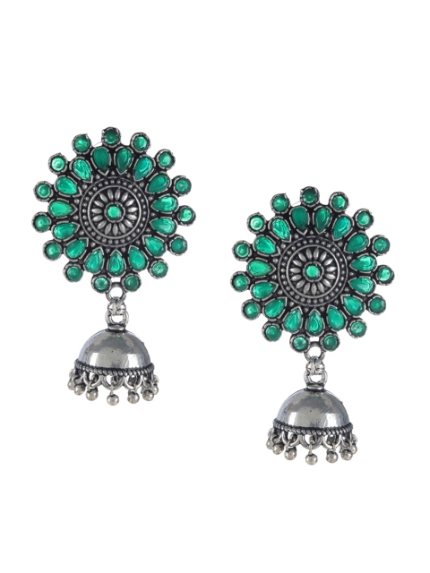 

Mali Fionna Green & Silver-Toned Dome Shaped Oxidised Jhumkas