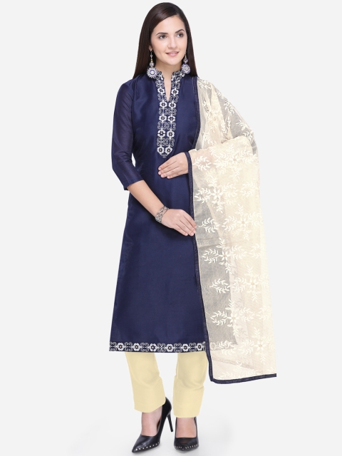 

Saree mall Navy Blue & Cream-Coloured Cotton Blend Semi-Stitched Dress Material
