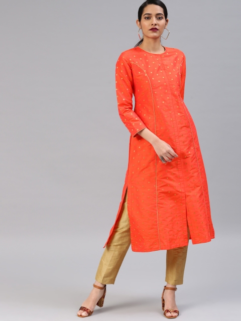 

Vishudh Women Coral & Gold-Toned Printed Kurta with Trousers