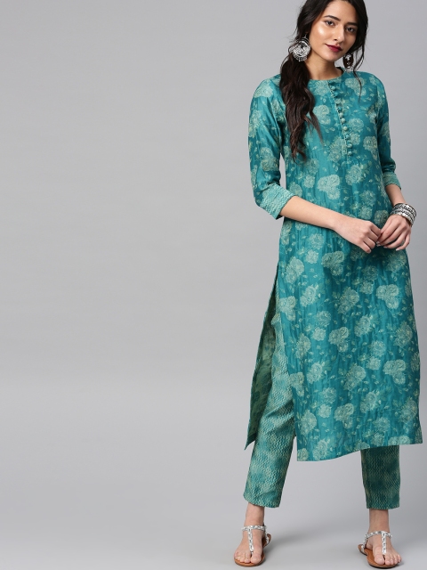 

Vishudh Women Turquoise Blue Solid Kurta with Trousers