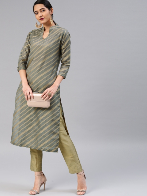 

Vishudh Women Grey & Gold-Toned Self-Design Kurta with Trousers