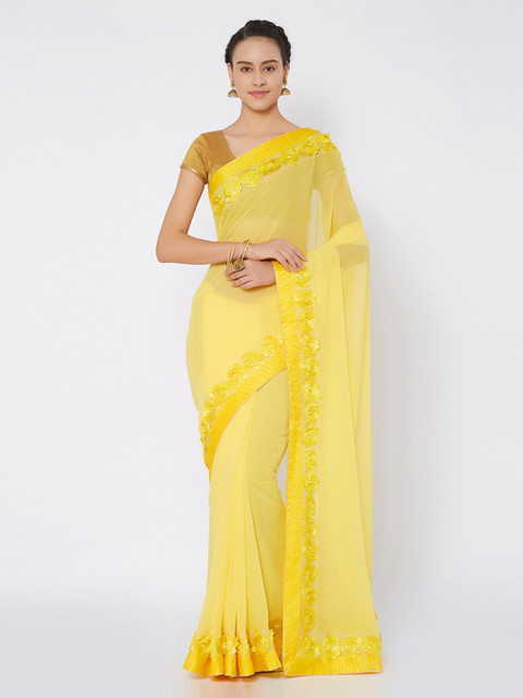 

Kvsfab Yellow Solid Poly Georgette Saree